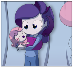 Size: 5000x5000 | Tagged: safe, artist:fj-c, rarity, sweetie belle, equestria girls, g4, absurd resolution, baby, baby belle, baby human, bracelet, ear piercing, holding a baby, holding a human, jewelry, pacifier, piercing, sister, swaddled baby, unsure, young rarity, younger