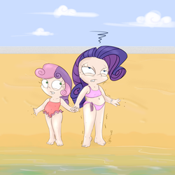 Size: 3000x3000 | Tagged: dead source, safe, artist:tkc, rarity, sweetie belle, human, g4, beach, belly button, chibi, cold, female, humanized, light skin, one-piece swimsuit, swimsuit, wet