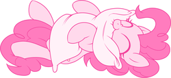 Size: 1000x456 | Tagged: safe, artist:stoic5, pinkie pie, earth pony, pony, g4, biting, cuddling, cute, diapinkes, eyes closed, female, hug, mare, on back, pillow, pillow biting, simple background, smiling, solo, white background