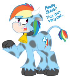 Size: 1719x1918 | Tagged: safe, artist:sketchymouse, rainbow dash, cow, g4, bell, bell collar, collar, cowbell, cowified, female, rainbovine dash, simple background, solo, species swap, transparent background