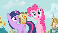 Size: 1054x592 | Tagged: safe, screencap, owlowiscious, pinkie pie, twilight sparkle, g4, my little pony: friendship is magic, owl's well that ends well