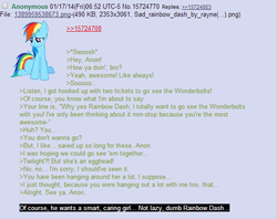 Size: 568x449 | Tagged: safe, rainbow dash, g4, /mlp/, 4chan, 4chan screencap, anon in equestria, greentext, meta, rejection, rejection is magic, sad, text