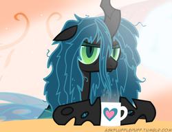 Size: 650x500 | Tagged: safe, artist:mixermike622, queen chrysalis, oc, oc:fluffle puff, g4, bed mane, coffee, solo