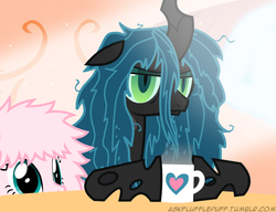 Size: 650x500 | Tagged: safe, artist:mixermike622, queen chrysalis, oc, oc:fluffle puff, g4, bed mane, coffee