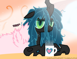 Size: 650x500 | Tagged: safe, artist:mixermike622, queen chrysalis, oc, oc:fluffle puff, g4, bed mane, coffee, pomf