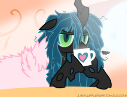 Size: 650x500 | Tagged: safe, artist:mixermike622, queen chrysalis, oc, oc:fluffle puff, g4, bed mane, coffee