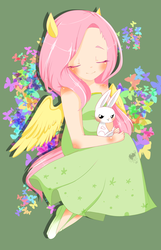 Size: 967x1502 | Tagged: safe, artist:snow angel, angel bunny, fluttershy, human, g4, clothes, cute, dress, eared humanization, female, humanized, light skin, pixiv, shoes, solo, winged humanization