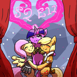 Size: 600x600 | Tagged: safe, artist:yajima, applejack, clover the clever, fluttershy, private pansy, smart cookie, twilight sparkle, g4, hearth's warming eve (episode), appletwishy, fire of friendship, group hug, hearth's warming eve, hug, scene interpretation