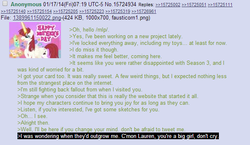 Size: 603x349 | Tagged: safe, oc, oc only, oc:fausticorn, /mlp/, 4chan, 4chan screencap, feels, greentext, lauren faust, rejection, rejection is magic, sad, text