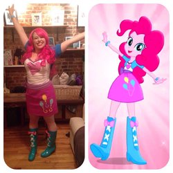 Size: 1252x1252 | Tagged: safe, pinkie pie, human, equestria girls, g4, balloon, boots, bracelet, clothes, comparison, cosplay, costume, g.m. berrow, high heel boots, irl, irl human, jewelry, photo, skirt