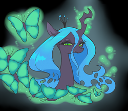 Size: 928x800 | Tagged: safe, artist:termanianstar, queen chrysalis, butterfly, changeling, changeling queen, g4, arthropod, crown, female, glowing, glowing horn, horn, jewelry, regalia, solo