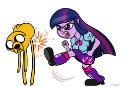 Size: 1024x721 | Tagged: safe, artist:catfood-mcfly, twilight sparkle, equestria girls, g4, adventure time, butt, clothes, crossover, female, jake the dog, kick in the butt, male, plot, skirt