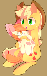 Size: 1010x1620 | Tagged: safe, artist:sion, apple bloom, applejack, earth pony, pony, g4, female, filly, foal, mare, orange background, siblings, simple background, sisters