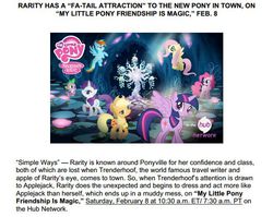 Size: 652x519 | Tagged: safe, applejack, fluttershy, pinkie pie, rainbow dash, rarity, spike, trenderhoof, twilight sparkle, g4, my little pony: friendship is magic, simple ways, bad pun, mane six, press release, text, twilight sparkle (alicorn)