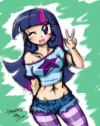 Size: 997x1250 | Tagged: safe, artist:danmakuman, twilight sparkle, human, g4, belly button, blushing, clothes, female, humanized, midriff, one eye closed, open mouth, solo, twilight sparkle (alicorn), wink