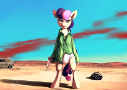 Size: 1400x990 | Tagged: safe, artist:bakki, bon bon, sweetie drops, earth pony, pony, g4, bipedal, bon bon is not amused, breaking bad, clothes, female, gun, implied futa, looking at you, panties, parody, pistol, rv, solo, underwear, walter white, white underwear