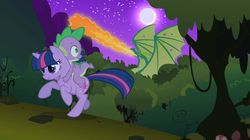 Size: 1054x592 | Tagged: safe, screencap, reginald, spike, twilight sparkle, dragon, pony, unicorn, g4, owl's well that ends well, dragons riding ponies, everfree forest, fire, fire breath, holes in wings, moon, night, riding, running, spike riding twilight, spread wings, unicorn twilight, wings