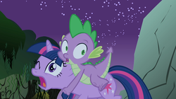 Size: 1054x592 | Tagged: safe, screencap, spike, twilight sparkle, dragon, pony, g4, owl's well that ends well, dragons riding ponies, ouch, riding, spike riding twilight