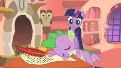 Size: 1054x592 | Tagged: safe, screencap, owlowiscious, spike, twilight sparkle, g4, owl's well that ends well