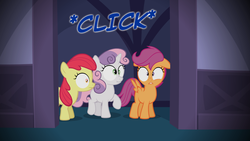 Size: 1280x720 | Tagged: safe, artist:jan, apple bloom, scootaloo, sweetie belle, earth pony, pegasus, pony, unicorn, ask the crusaders, comic:slender belle, g4, cutie mark crusaders, female, filly, foal, onomatopoeia, scrunchy face, shocked, sound effects, trio, trio female