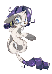 Size: 494x704 | Tagged: safe, artist:toki, rarity, cow, pony, unicorn, g4, animal costume, bodysuit, clothes, costume, cow costume, cow suit, ear tag, female, nose ring, raricow, solo