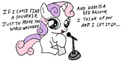 Size: 773x393 | Tagged: safe, artist:closer-to-the-sun, sweetie belle, g4, 99 luftballons, 99 red balloons, female, lyrics, microphone, nena, solo, song reference
