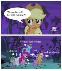 Size: 500x578 | Tagged: safe, applejack, fluttershy, pinkie pie, rainbow dash, rarity, spike, twilight sparkle, alicorn, pony, bats!, g4, female, mane seven, mane six, mare, meme, scene parody, twilight sparkle (alicorn)