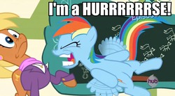 Size: 960x531 | Tagged: safe, ms. harshwhinny, rainbow dash, flight to the finish, g4, eyes closed, faic, flapping, frown, hoers, hub logo, image macro, nose wrinkle, open mouth, raised hoof, smiling, unprofessional, wide eyes