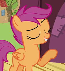 Size: 575x632 | Tagged: safe, screencap, scootaloo, flight to the finish, g4, eyes closed, female, filly, foal, raised hoof, smugaloo, solo