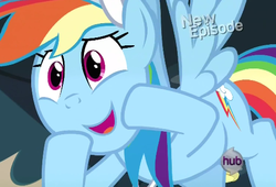 Size: 496x338 | Tagged: safe, screencap, rainbow dash, pony, flight to the finish, g4, coach rainbow dash, faic, female, flying, hub logo, solo