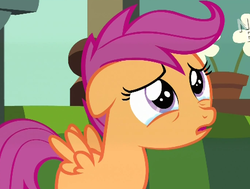 Size: 458x346 | Tagged: safe, screencap, scootaloo, pegasus, pony, flight to the finish, g4, crying, cute, cutealoo, diabetes, female, filly, floppy ears, frown, looking up, open mouth, sad, scootasad, solo, spread wings, teary eyes, wings