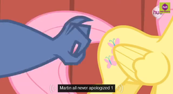 Size: 640x348 | Tagged: safe, screencap, fluttershy, iron will, g4, caption, meme, youtube caption