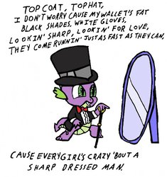 Size: 590x627 | Tagged: safe, artist:closer-to-the-sun, spike, g4, clothes, hat, lyrics, mirror, sharp dressed man, singing, song, song reference, suit, top hat, tuxedo, zz top