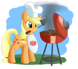 Size: 900x800 | Tagged: safe, artist:perfectpinkwater, applejack, earth pony, pony, g4, apple, apron, burger, chef's hat, clothes, female, grill, hat, mare, mouth hold, solo