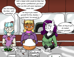 Size: 3272x2536 | Tagged: safe, artist:americananomaly, coco pommel, ms. harshwhinny, rarity, earth pony, anthro, g4, abdominal bulge, anthroquestria, belly, big belly, critic, food, food critic, ms. lardwhinny, plate, professionalism, restaurant, salad, stuffed, stuffing, weight gain