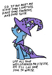 Size: 479x690 | Tagged: safe, artist:closer-to-the-sun, trixie, pony, unicorn, g4, female, lyrics, mare, solo, song reference, sympathy for the devil, the rolling stones