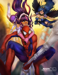 Size: 3300x4200 | Tagged: safe, artist:mugenillustrations, princess luna, twilight sparkle, human, g4, amethyst sorceress, breasts, busty princess luna, crossover, crossover shipping, dark skin, female, flying, humanized, light skin, male, moderate dark skin, peter parker, shipping, spider web, spider-man, spiderluna, spiders and magic: rise of spider-mane, spidertwi, winged humanization