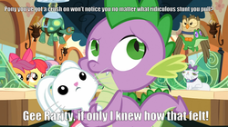 Size: 1054x592 | Tagged: safe, screencap, angel bunny, apple bloom, gummy, opalescence, owlowiscious, scootaloo, spike, sweetie belle, tank, g4, just for sidekicks, simple ways, cutie mark crusaders, image macro, impact font, sarcasm