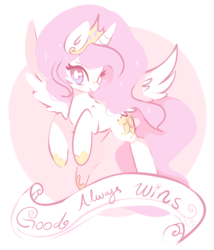 Size: 900x1050 | Tagged: dead source, safe, artist:clockworkquartet, princess celestia, alicorn, pony, g4, banner, cewestia, drama, female, filly, flying, looking at you, mare, old banner, pink mane, positive message, positive ponies, scroll, solo, young celestia, younger