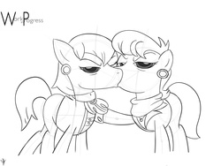 Size: 2048x1536 | Tagged: safe, artist:bronypanda, ms. harshwhinny, prim hemline, earth pony, pony, g4, clothes, female, kiss on the lips, kissing, lesbian, looking at you, monochrome, primwhinny, sketch
