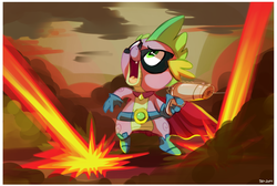 Size: 910x610 | Tagged: safe, artist:pepooni, spike, g4, power ponies (episode), action pose, cape, clothes, humdrum costume, male, mask, power ponies, solo
