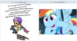 Size: 511x276 | Tagged: safe, rainbow dash, scootaloo, derpibooru, g4, exploitable meme, juxtaposition, juxtaposition win, meme, meta