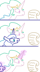 Size: 418x750 | Tagged: safe, artist:weaver, princess celestia, princess luna, pony, g4, bitchlestia, comic, female, funny, funny as hell, letter, lunabuse, magic, mare, open mouth, reading, scroll, simple background, smiling, telekinesis, white background