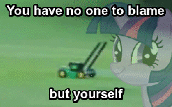 Size: 325x203 | Tagged: dead source, safe, twilight sparkle, g4, animated, female, flying lawn mower, image macro, jimmies, lawn mower, reaction image, solo, twiface, wrong neighborhood, you have no one to blame but yourself
