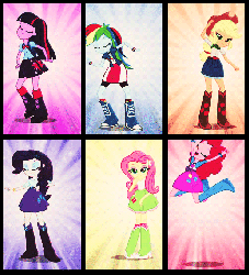 Size: 518x569 | Tagged: safe, screencap, applejack, fluttershy, pinkie pie, rainbow dash, rarity, twilight sparkle, equestria girls, g4, animated, backpack, balloon, blue background, boots, bowtie, bracelet, clothes, cowboy boots, crossed arms, cute, eg stomp, eyes closed, female, hand on hip, high heel boots, jewelry, jumping, looking at you, mane six, music video, orange background, pink background, purple background, raised leg, simple background, skirt, socks, sparkles, wristband, yellow background