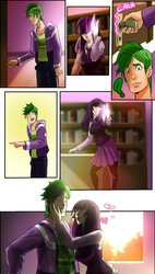 Size: 673x1187 | Tagged: safe, artist:smilingdogz, spike, twilight sparkle, human, g4, bedroom eyes, comic, female, heart, humanized, light skin, magic, male, necktie, question mark, ship:twispike, shipping, smug, straight, sweater vest