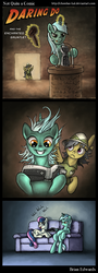 Size: 550x1520 | Tagged: safe, artist:choedan-kal, bon bon, daring do, lyra heartstrings, sweetie drops, g4, blah, comic, couch, indiana jones, like a boss, power glove, remote, watching tv