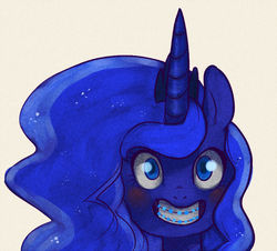 Size: 650x588 | Tagged: safe, artist:fornicata, princess luna, g4, blushing, braces, female, simple background, smiling, solo