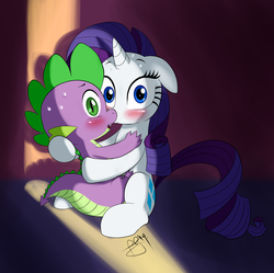 Size: 1739x1735 | Tagged: safe, artist:pia-sama, rarity, spike, dragon, pony, unicorn, g4, blushing, caught, female, floppy ears, holding, hug, kissing, looking at you, male, mare, open mouth, ship:sparity, shipping, straight, sweat