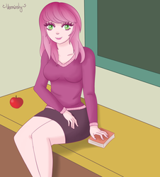 Size: 1357x1500 | Tagged: safe, artist:verminshy, cheerilee, human, g4, apple, book, chalkboard, desk, female, humanized, light skin, sitting, solo